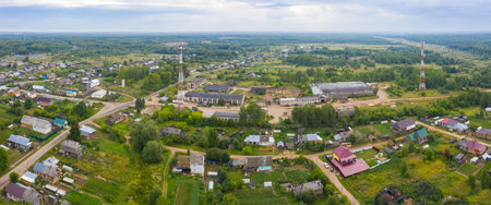 Aerial view from a drone of a rural village in the Kirov region, private houses and vegetable gardens in the village of Arbazhの写真素材
