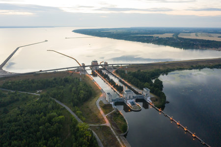 Two-line sluice near the town of Gorodets on the Gorky Reservoir, a transport artery on the Volga River near Nizhny Novgorodの写真素材