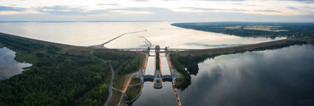 Two-line sluice near the town of Gorodets on the Gorky Reservoir, a transport artery on the Volga River near Nizhny Novgorodの写真素材