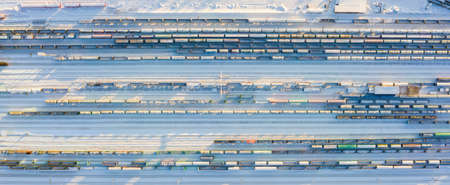 Branches of the railway at the marshalling yard, a lot of freight wagons from the heightの写真素材