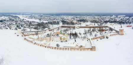 Winter panoramic view of the old Russian city, located on the ancient trade route and Cyril-Belozersky Monastery in Northern Russia. Kirillov, Vologda Oblastの写真素材
