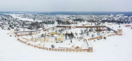 Winter panoramic view of the old Russian city, located on the ancient trade route and Cyril-Belozersky Monastery in Northern Russia. Kirillov, Vologda Oblastの写真素材