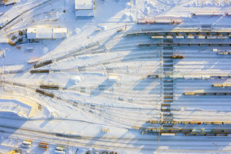 Branches of the railway at the marshalling yard, a lot of freight wagons from the heightの写真素材