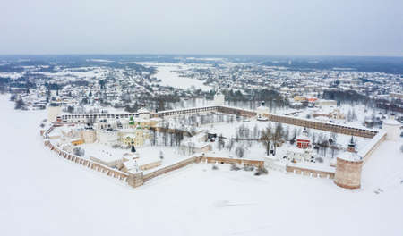 Winter panoramic view of the old Russian city, located on the ancient trade route and Cyril-Belozersky Monastery in Northern Russia. Kirillov, Vologda Oblastの写真素材