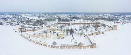 Winter panoramic view of the old Russian city, located on the ancient trade route and Cyril-Belozersky Monastery in Northern Russia. Kirillov, Vologda Oblastの写真素材