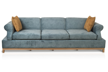 Three seats cozy retro designed sofa  with turquoise color fabric and yellow pillows isolated on white backgroundの写真素材