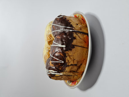 Bread with delicious chocolate and cheese toppingの写真素材