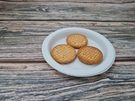 Cookies in the shape of a circle made from flour and other ingredients called biscuitsの写真素材