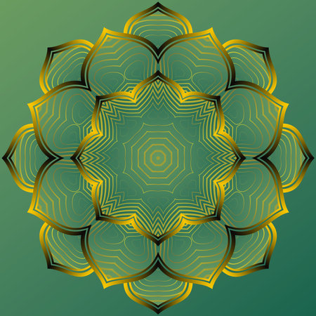 Abstract mandala textured green color combination of black with yellow gold linesのイラスト素材