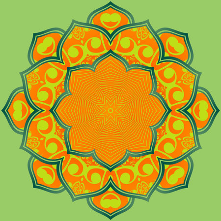 Abstract mandala textured orange color yellow combination with green lines and backgroundのイラスト素材