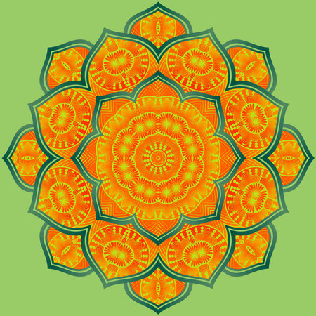 Abstract mandala textured orange color yellow combination with green lines and backgroundのイラスト素材