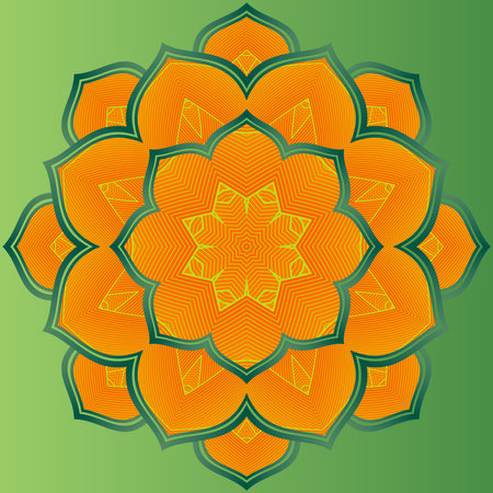 Abstract mandala textured orange color yellow combination with green lines and backgroundのイラスト素材