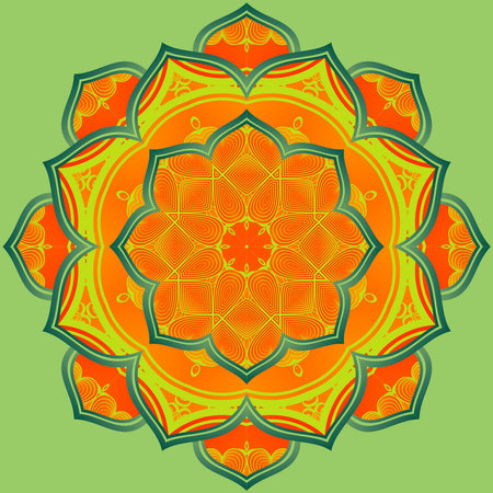 Abstract mandala textured orange color yellow combination with green lines and backgroundのイラスト素材