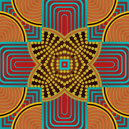 Seamless illustrated pattern made of abstract elements in red, blue and yellowのイラスト素材