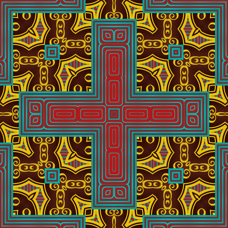 Seamless illustrated pattern made of abstract elements in red, blue and yellowのイラスト素材