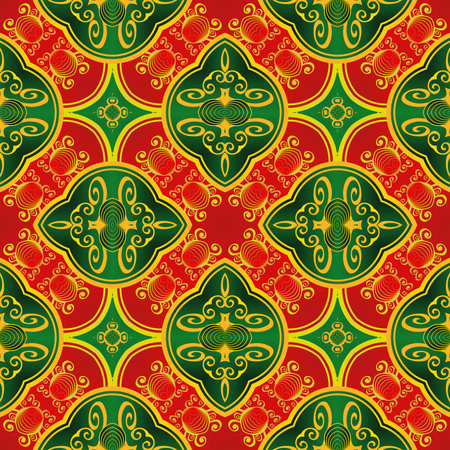 Beautiful seamless textured abstract background in red, green and golden yellow colorsのイラスト素材
