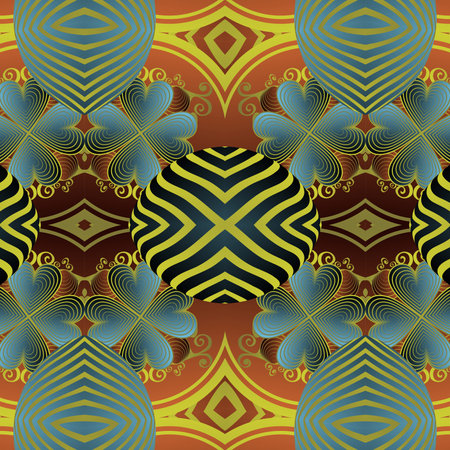 Seamless illustrated pattern made of abstract elements in beige, blue and brown