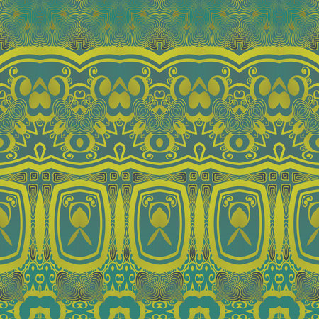 Seamless illustrated pattern made of abstract elements in green and yellowのイラスト素材