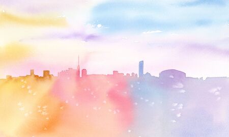 Watercolor illustration of colorful cityの写真素材