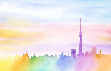 Watercolor illustration of colorful city.の写真素材