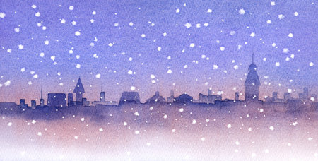 Watercolor illustration of snow town.の写真素材
