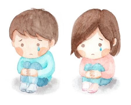 Watercolor illustration of kids holding kneeの写真素材