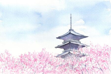 illustration of cherry blossoms and pagodaの写真素材