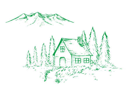 Pen sketch illustration of mountain,forest and cabin.のイラスト素材