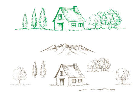 Pen sketch illustration of mountain,forest and cabin.のイラスト素材