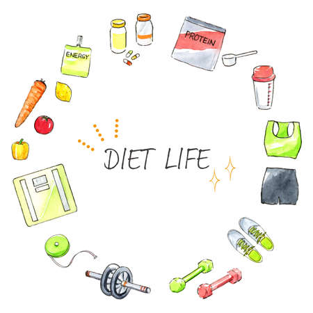 Frame watercolor illustration of diet items.のイラスト素材