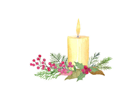 Watercolor illustration of Christmas candle.のイラスト素材