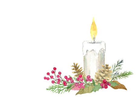 Watercolor illustration of Christmas candle.のイラスト素材