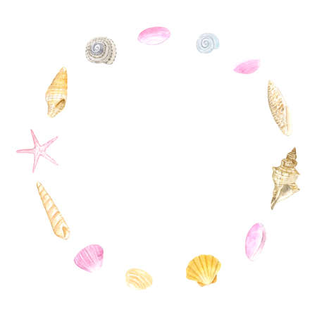Watercolor illustration of shell circle frameのイラスト素材