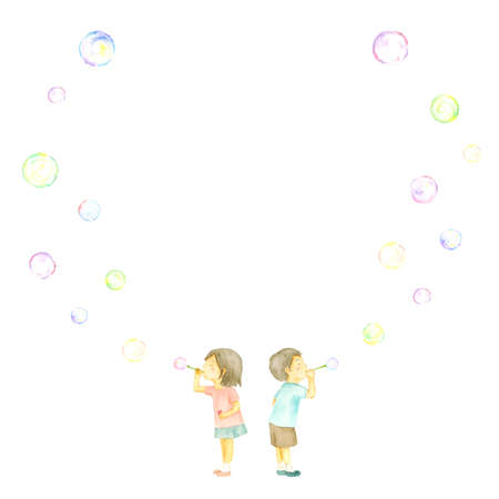 Watercolor illustration of kids playing soap bubbles.のイラスト素材