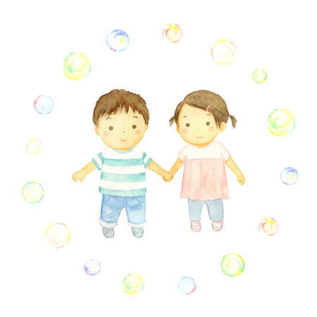 Watercolor illustration of a child walking hand in handのイラスト素材