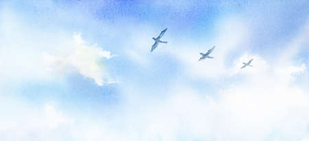 Watercolor illustration of birds in the skyの写真素材
