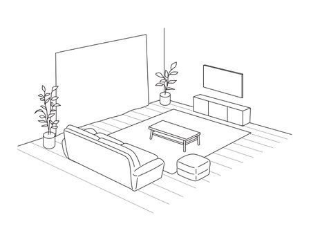 Living Room Line Perspective Bird's Eye Perspective Line Drawingのイラスト素材