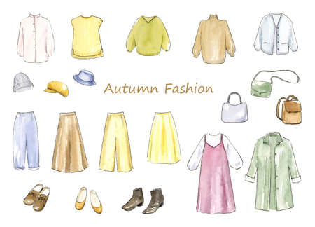 Autumn Fashion Handwritten Watercolor Illustration Setのイラスト素材