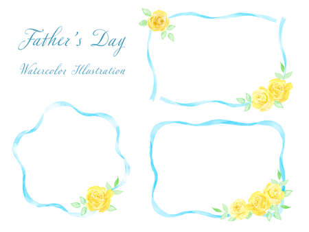 Watercolor light blue ribbon and yellow rose frame setのイラスト素材