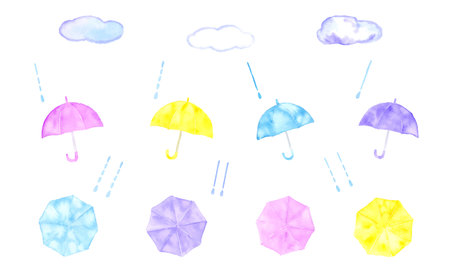 Watercolor illustration set of cute umbrellas,clouds and raindropsのイラスト素材
