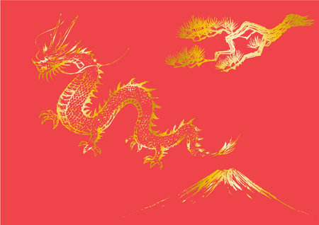 Golden dragon with Mount Fuji and pine tree Auspicious decoration illustrationのイラスト素材