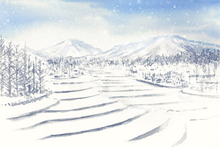 Watercolor painting of snowy landscape of rice terracesの写真素材