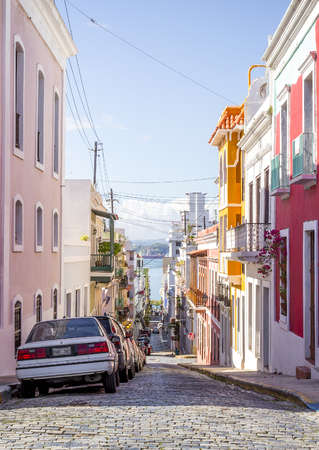Beautiful steep street in old San Juan, Puerto Ricoのeditorial素材