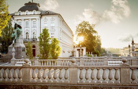 Triple bridge in the old town of Ljubljana, Sloveniaの写真素材