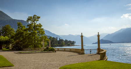 Panoramic view on Como lake from a garden, Italyの写真素材