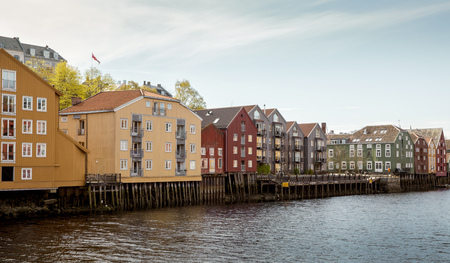 Colorful wooden houses in Trondheim, Norwayの写真素材