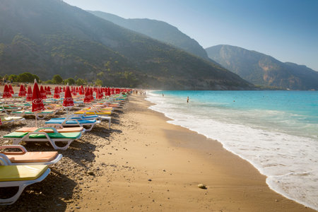 Oludeniz, Turkey - August 14, 2017: sunrise on the beach in Oludeniz, Turkeyのeditorial素材