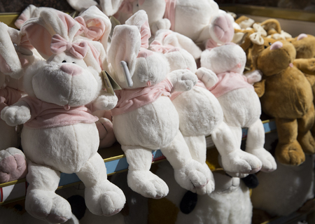 Cute bunny soft toys in kids storeの写真素材