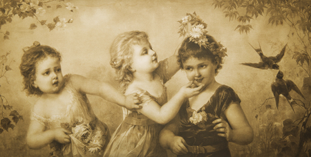 Cute girls playing vintage illustrationの写真素材