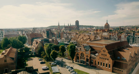 Gdansk, Poland - October 05, 2020: Skyline of Gdansk city as seen from the ferris wheel ambersky